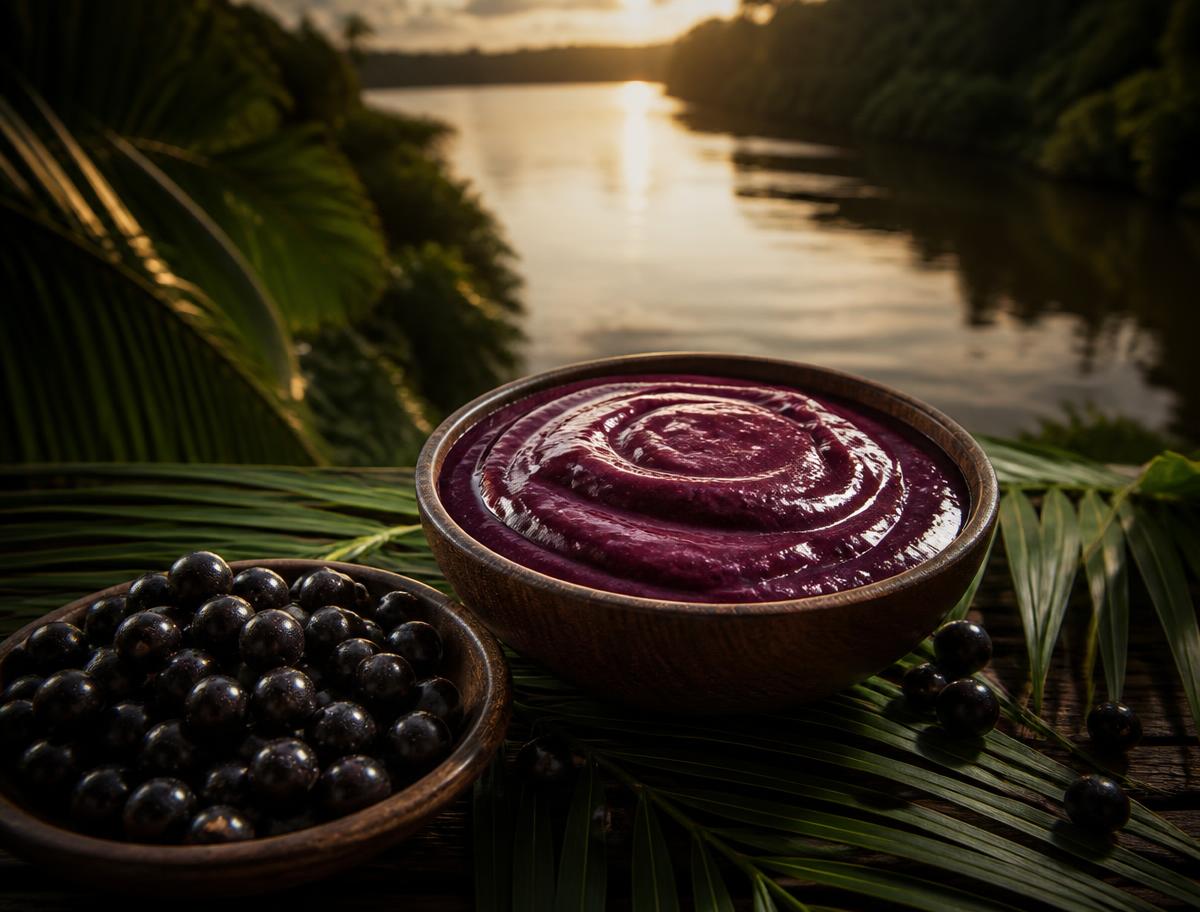 Frutos e polpa de açaí em cuias de madeira à beira do rio