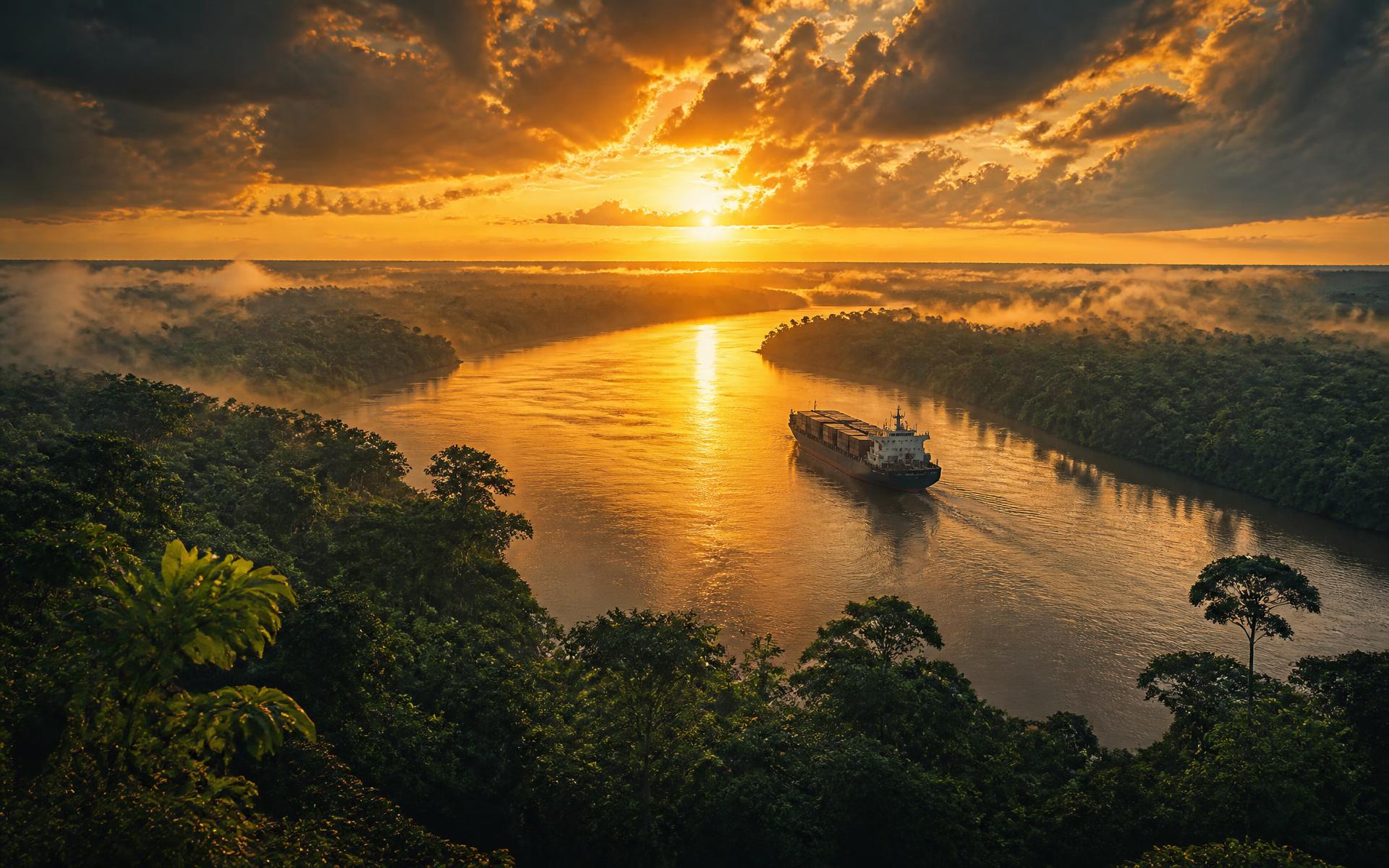 Rio amazônico ao amanhecer com navio cargueiro entre a floresta